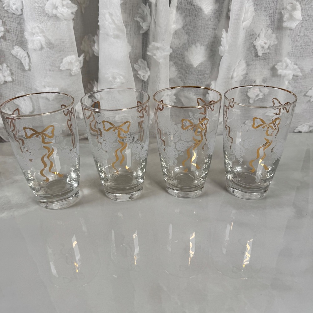 Set of 4‎ Vintage Libbey Glasses White Roses Gold Bows Rims Cottagecore 5 1/4"